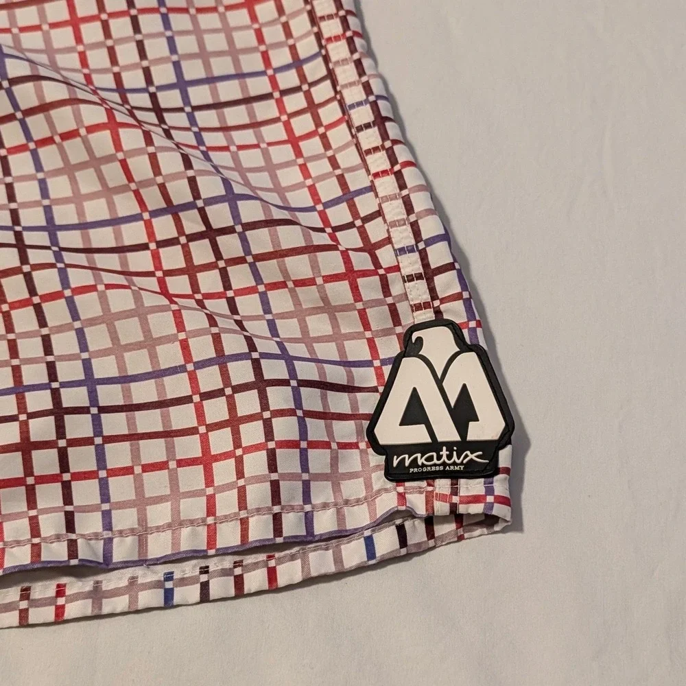 Matix Mens Board Shorts Size 32 White Red Blue Grid Plaid Swim Trunks Surf